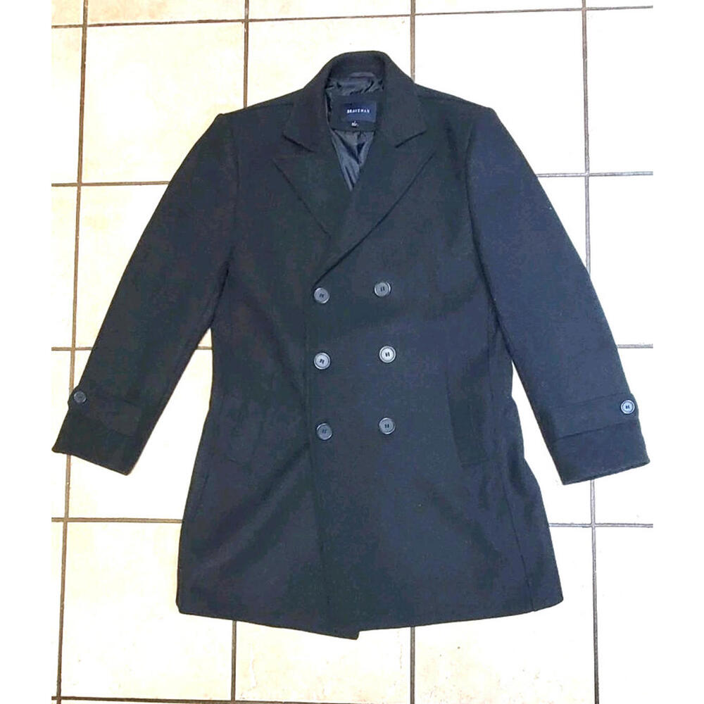 Braveman Men’s Pea Coat Double Breasted Overcoat Pockets Lined Charcoal LARGE